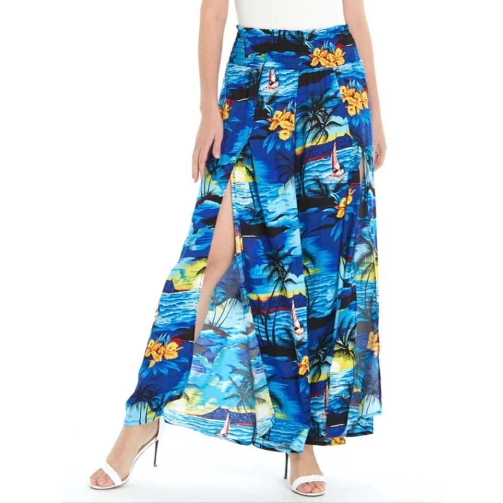 Hawaii Hangover Tropical High Slit Wide Leg Palazzo Pants L/ XL Resort vacation
